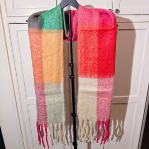 Save the Ocean Recycled Plaid Blanket Scarf Multi Color Fringe Oversized NWT